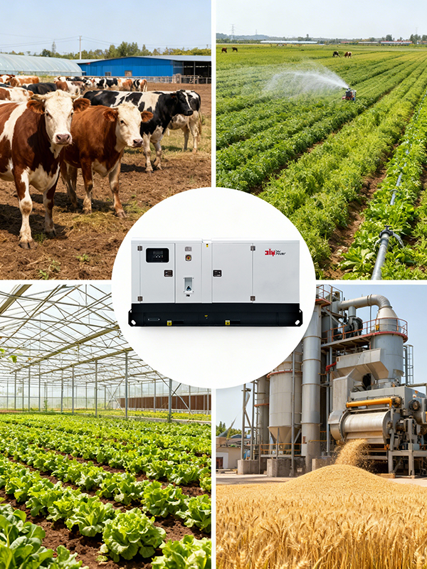 jimeng-2025-11-27-6804-生成一个四宫格，内容分别是：现代牧业，农田灌溉，温室培育，谷物加工。最后，图一...