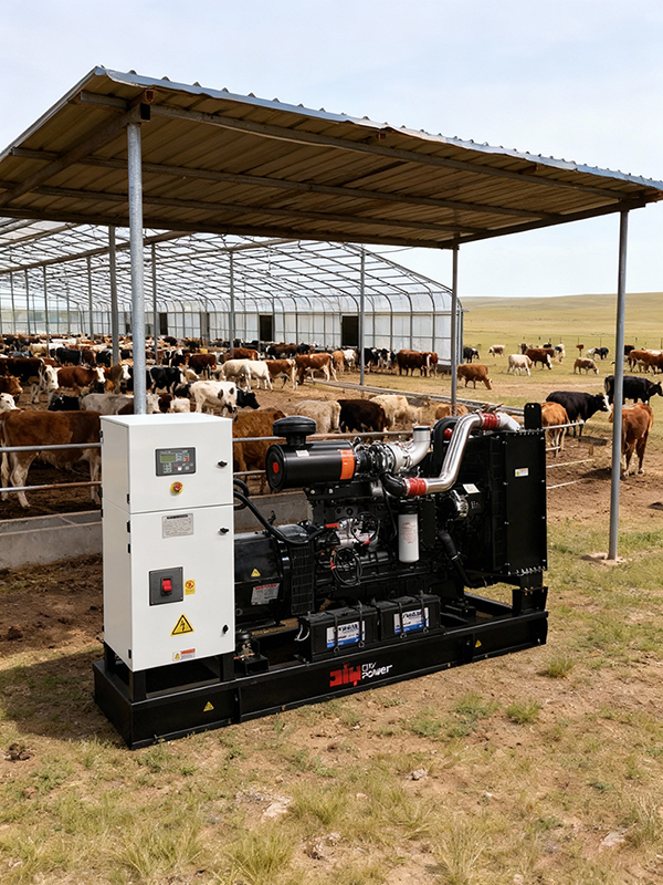 jimeng-2025-11-26-7549-在大草原的大型畜牧场的自动化温室场棚内，养了很多牛羊，图一中柴油发电机组就是场棚...