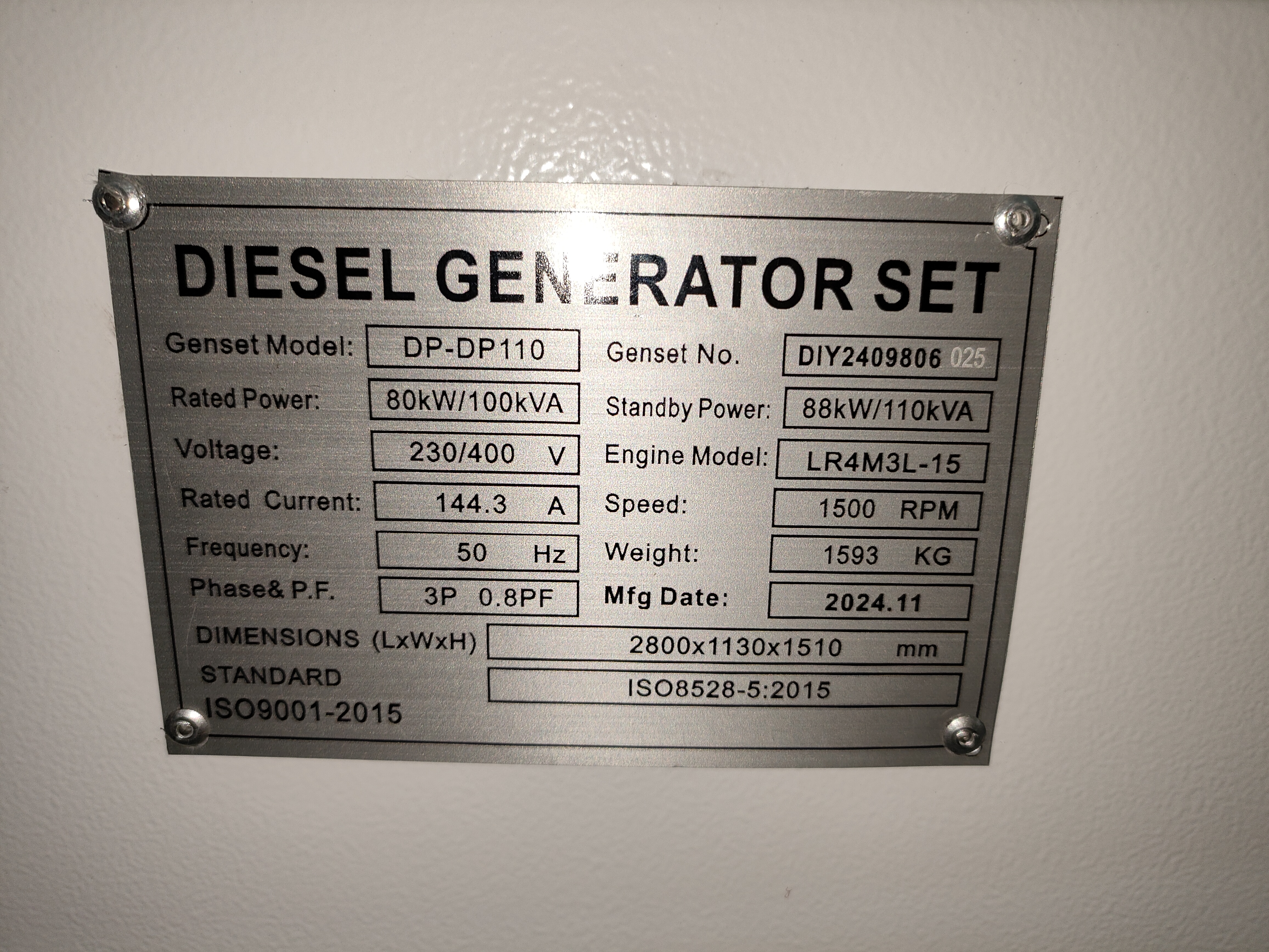 Groupe électrogène diesel DIY-DP110 YTO LR4M3L-15 80 kW 50 Hz