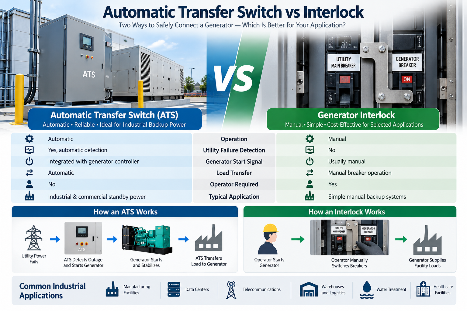 ATS vs Interlock&nbsp;:&nbsp;7 diff&eacute;rences cl&eacute;s pour les syst&egrave;mes de g&eacute;n&eacute;rateurs industriels