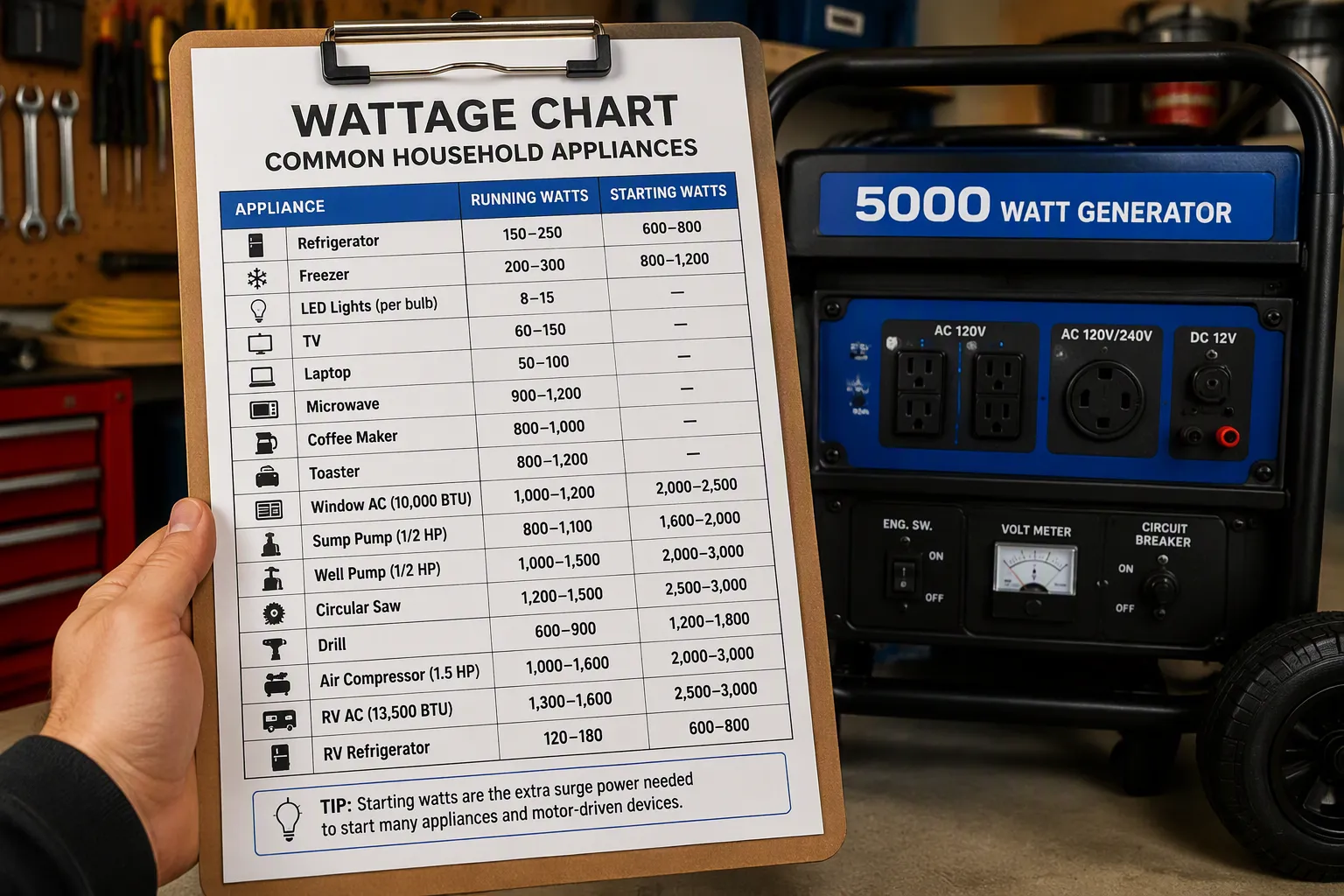 Tableau de puissance en watts des appareils g&eacute;n&eacute;rateurs de 5 000 watts